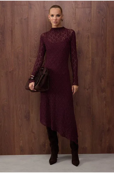Plum Plain Asymmetric Bodycon/Fits Maxi Knitted Lace Dress