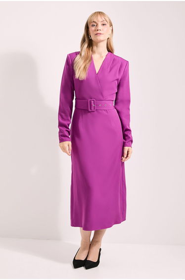 Wrap Neck Belted Crepe Pencil Dress