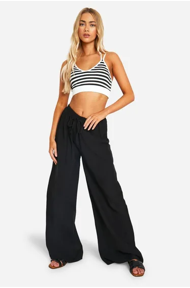 Drawstring Waist Wide Leg Floaty Trouser - black