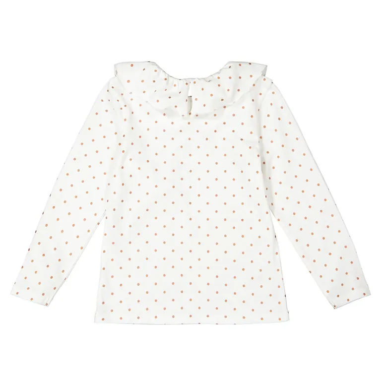 Polka Dot Cotton T-Shirt with Ruffled Crew Neck - 4