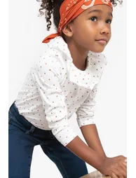 Polka Dot Cotton T-Shirt with Ruffled Crew Neck
