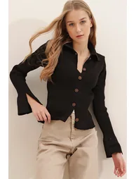Women's Black Polo Collar Buttoned Ribbed Sleeves Underwire Knitwear - 3