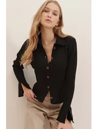 Women's Black Polo Collar Buttoned Ribbed Sleeves Underwire Knitwear - 1