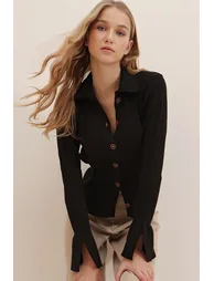 Women's Black Polo Collar Buttoned Ribbed Sleeves Underwire Knitwear - 4