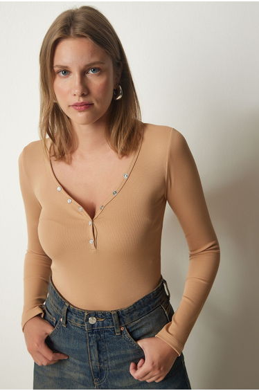Women's Biscuit Buttoned Collar Ribbed Crop Knitted Blouse