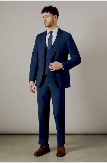 Navy Blue Check Tailored Fit Suit Jacket