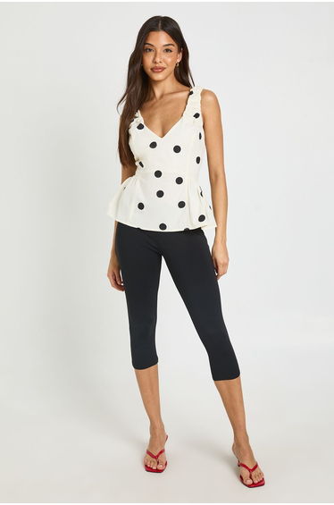 Polka Dot Poplin V Neck Peplum Top - white