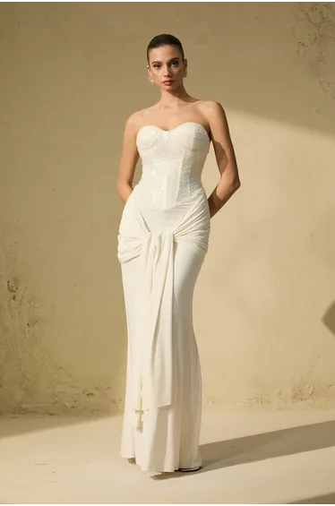 Modern Art White Corset Bodice Knot Maxi Dress