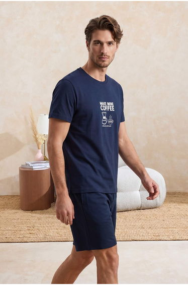Navy Blue Regular Coffee Themed Summer Knitted Pajama Set
