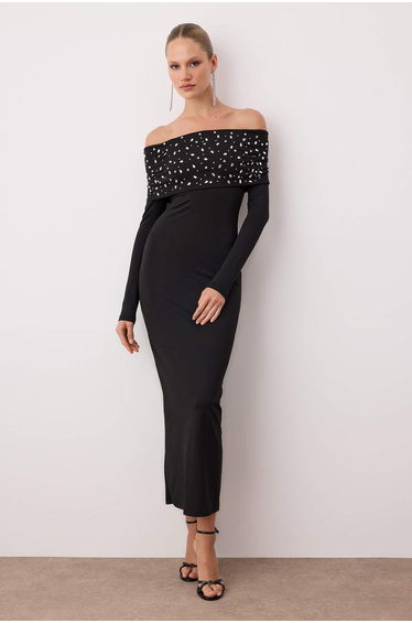Black Stone Print Detailed Knitted Unlined Dress