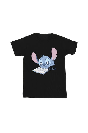 Lilo & Stitch Boys Reading Lying Down Cotton T-Shirt - Black