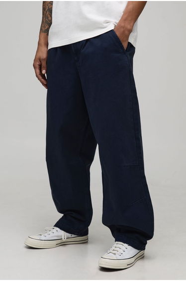 Balloon Fit Half & Half Waistband Washed Twill Trouser - dark navy