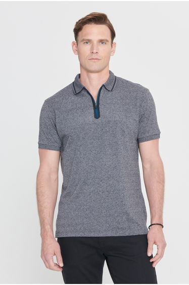 Anthracite-Melange Slim Fit Slim Fit Zippered Polo Neck Cotton Short Sleeve T-Shirt