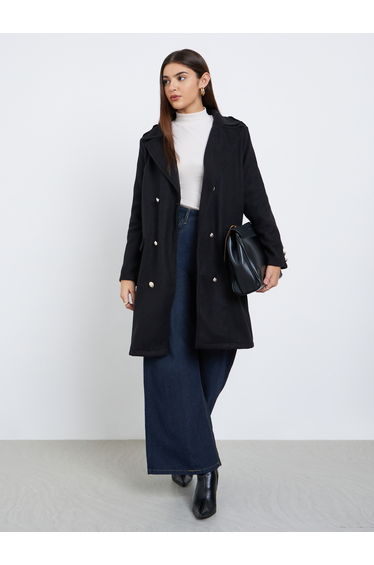 Black Regular Fit Double Breasted Wool Like Coat