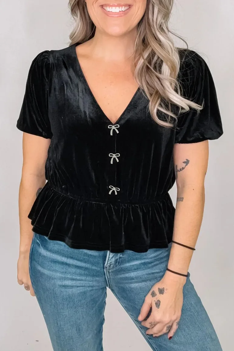 Lvness Black V Neck Bow Decoration Peplum Hem Shift Silhouette Short Sleeve Blouse - 1