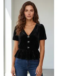 Lvness Black V Neck Bow Decoration Peplum Hem Shift Silhouette Short Sleeve Blouse