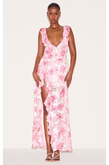 Pink Floral Chiffon Frill Plunge Strappy Maxi Dress