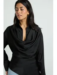 Satin Cowl Neck Shirt - black - 3