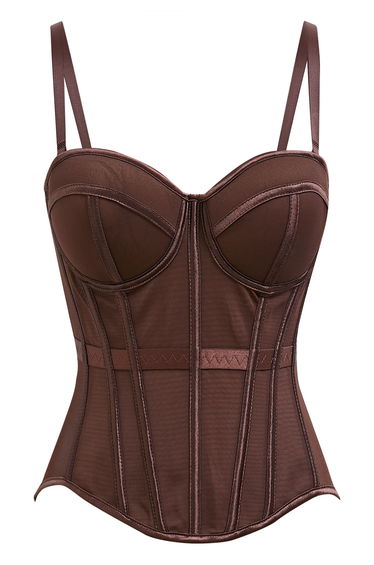 Structured Seam Paneled Mesh Corset Top in Brown