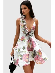 Faigel Flower Asymmetric Ruffle Mini Dress In White - 1