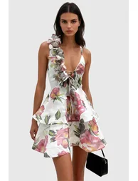 Faigel Flower Asymmetric Ruffle Mini Dress In White