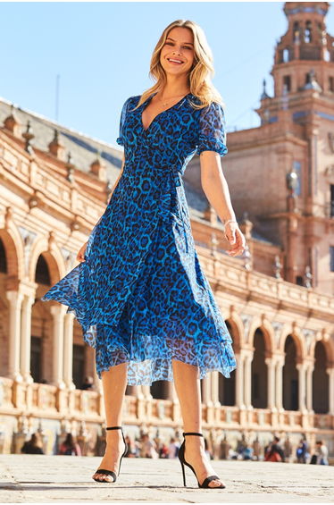 Cobalt Blue Animal Print Mesh Wrap Jersey Dress