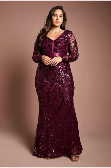 Plus Size Long Sleeve Sequin Maxi  Dress