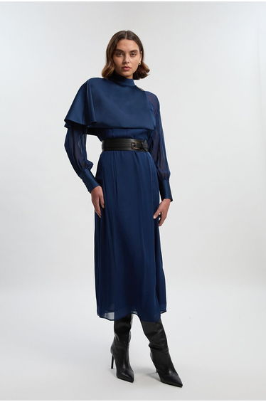 Petite Military Sheer Cape Detail Woven Maxi Dress