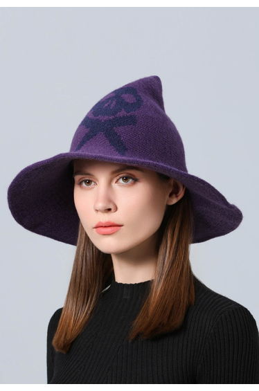 Skull Pattern Wool-Blend Witch Hat in Purple