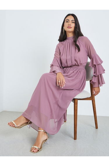 Pink High Neck Maxi Dress with Ruffle Sleeves