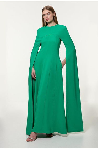 Premium Bonded Viscose Crepe Detachable Cape Woven Maxi Dress
