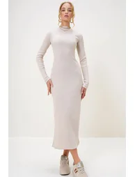 Women's Stone Crew Neck Long Sleeve Interlock Fabric Maxi Length Dress - 1