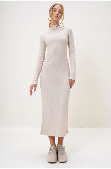 Women's Stone Crew Neck Long Sleeve Interlock Fabric Maxi Length Dress