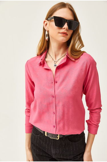 Women's Floral Fuchsia Jacquard Satin Detailed Woven Shirt