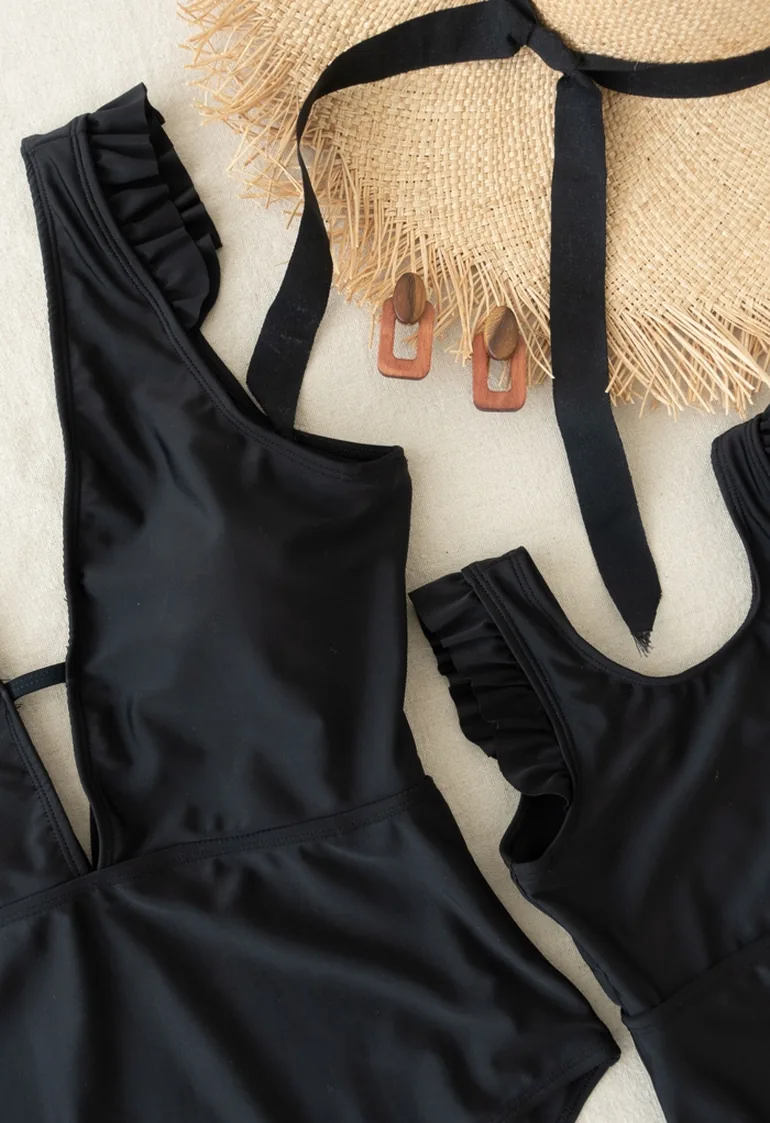 Solid Black Ruffle Detail Swimsuit for Mommy & Kids - 2