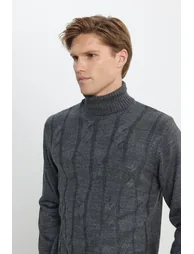 Anthracite-melange standard fit regular cut crew neck jacquard knit sweater - 2