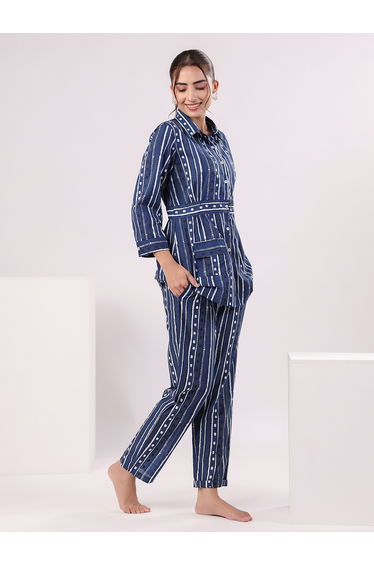 Striped Cotton Shirt and Pyjama Set with Pocket Detail