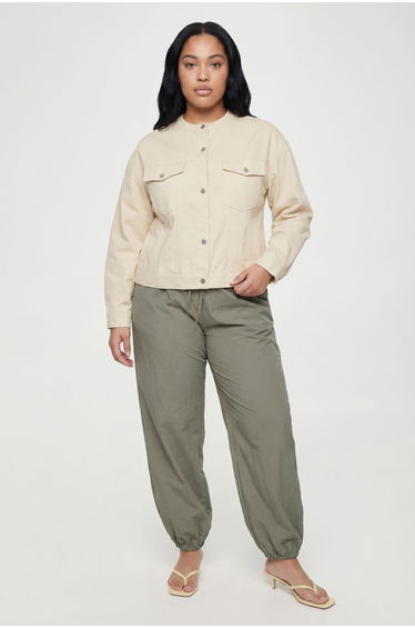 Plus Cinched Twill Collarless Shirt - ecru