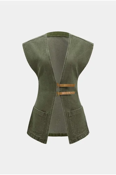 Denim V-Neck Pocket Vest
