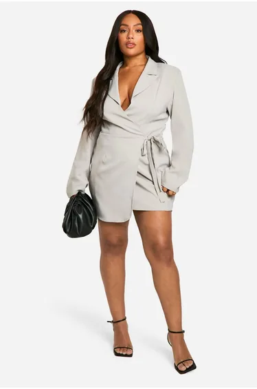 Plus Woven Tailored Wrap Dress - grey
