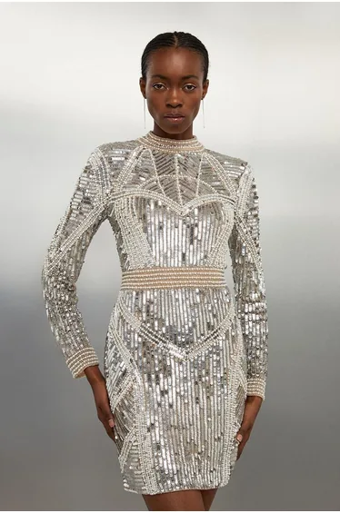 Petite Embellished Pearl Woven Mini Dress