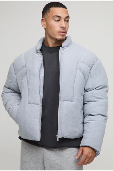 Boxy Fit Washed Nylon Duvet Funnel Neck Puffer Jacket - light blue