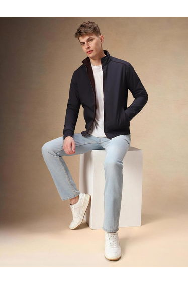 Men Mock Collar Solid Zip-Up Bomber Jacket
