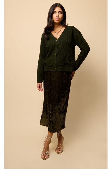 Khaki Bow Pocket Detail Cardigan