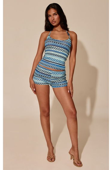 Blue Aztec Textured Hotpant Co-ord