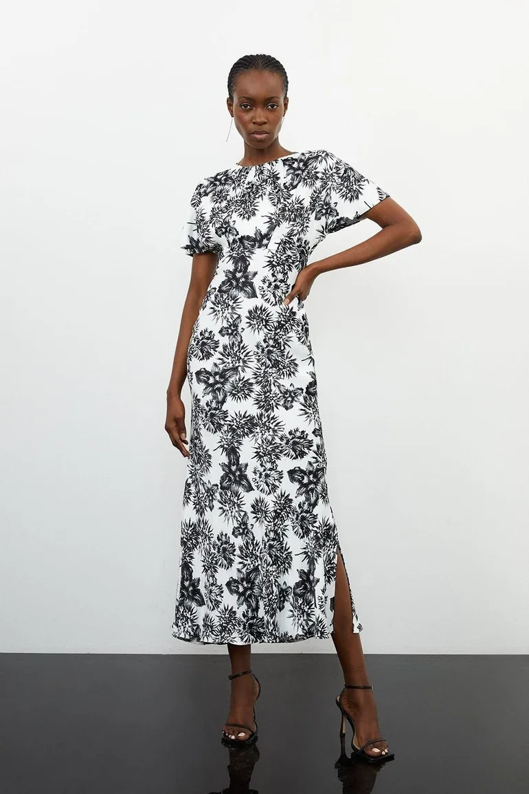 Satin Back Crepe Mono Floral Woven Dress
