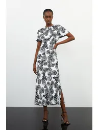 Satin Back Crepe Mono Floral Woven Dress