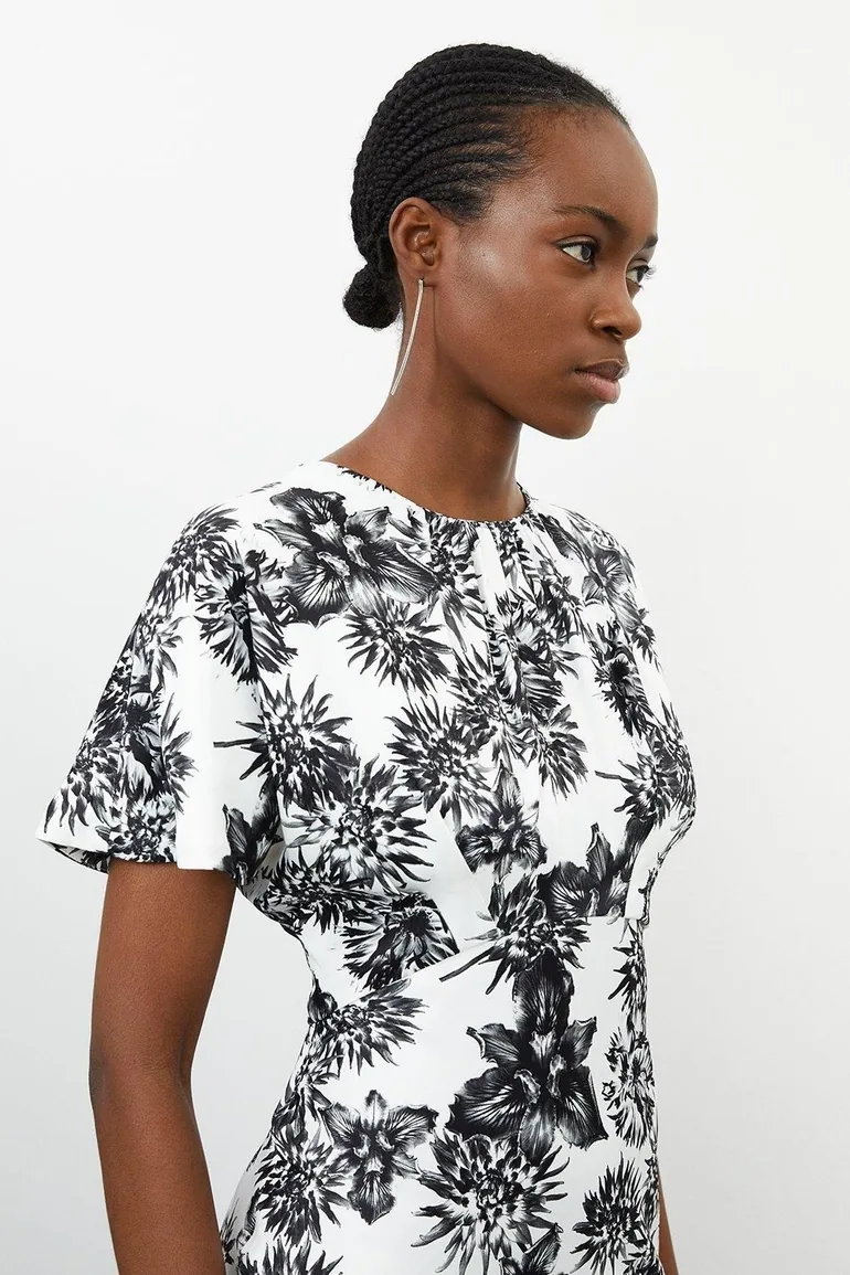Satin Back Crepe Mono Floral Woven Dress - 1