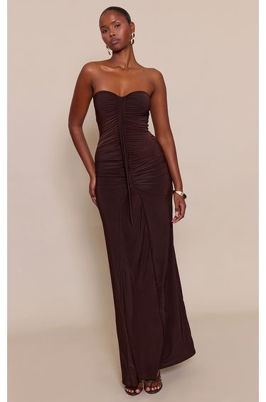 Chocolate Ruched Drape Detail Slinky Maxi Dress