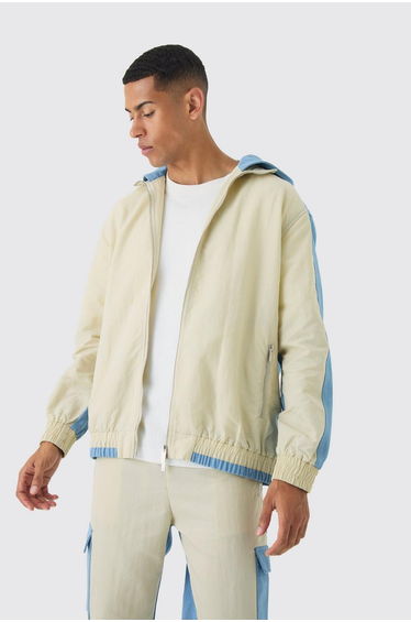Crinkle Nylon And Denim Hooded Jacket - light blue